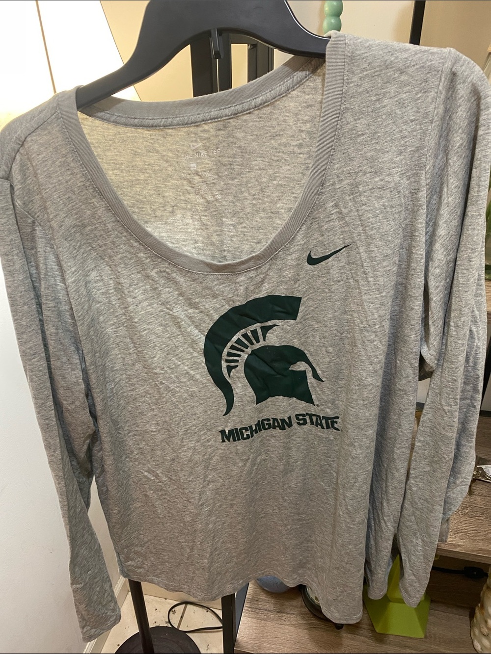 Nike Gray Long Sleeve Michigan State Spartan Tee with Green Logo